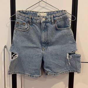 Zara Light Blue High-Waist Distressed Denim Shorts